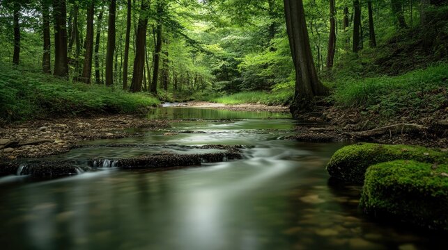 Forest stream and lake in a woodland landscape