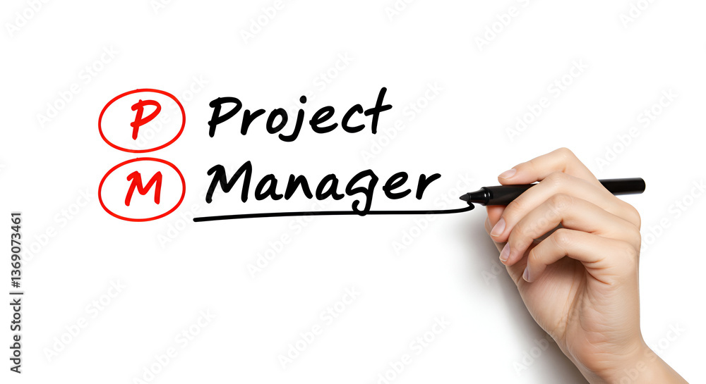 Poster hand underlining project manager text on white surface with red circular marks and black pen overhea