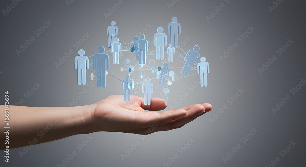 Poster human connection network over open hand with digital figures and clean background