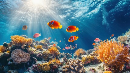 Naklejka premium Vibrant Underwater Scene with Colorful Coral Reefs and Lively Tropical Fish Illuminated by Sunlight Rays in a Crystal-Clear Ocean Environment