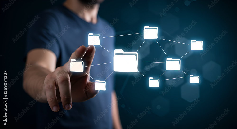 Poster man interacting with digital folder icons on blue background for data management