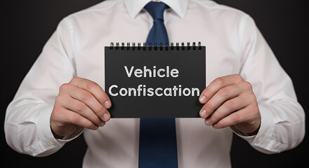 Man in Formal Attire Displaying Vehicle Confiscation Message on a Black Notepad in Studio Setting