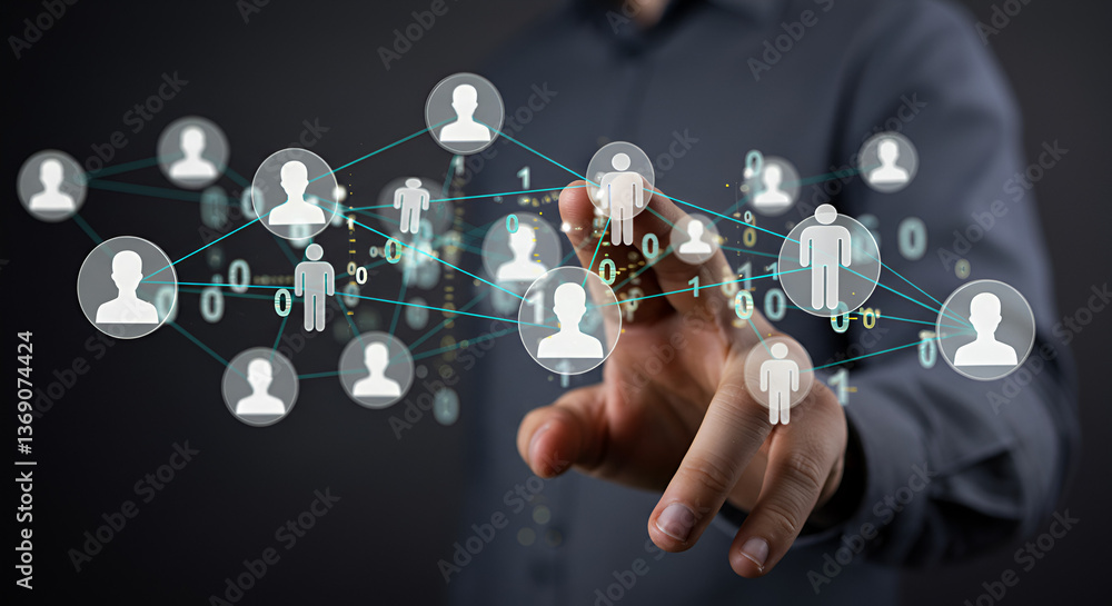 Aufkleber man touching digital network of people connecting on a dark background