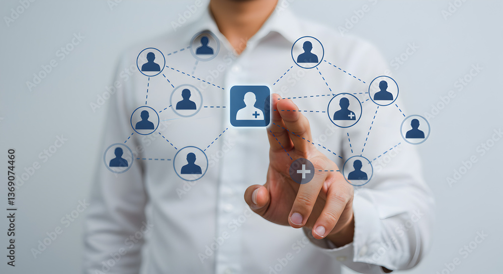 Poster man touching digital interface with networking icons and connecting dots in soft lighting on grayish