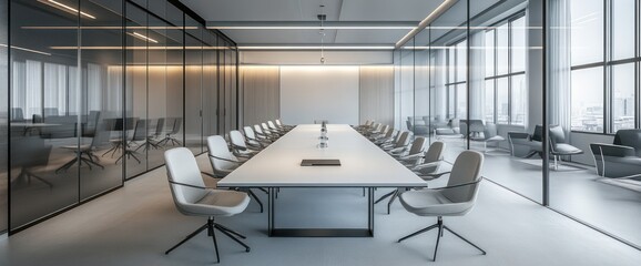 Elegant corporate meeting room with a long table, modern chairs, .