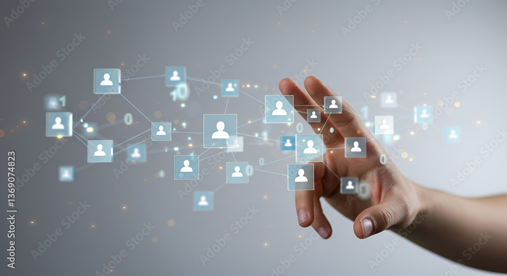 Poster person connecting social network nodes with a hovering hand over gray backdrop with data stream repr