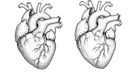 Two meticulously detailed anatomical heart drawings, a testament to the body's intricate design and the power of life, rendered in precise stippling for a striking black and white effect.
