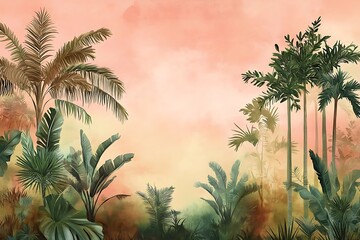 Watercolor-style illustration of Amazon rainforest with palm trees, jungle foliage, and pastel pink sky. Vibrant green, brown, and yellow tones evoke calm and depth in the forest scene.
