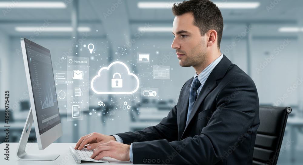 Poster a focused businessman securing sensitive data in a modern office, utilizing cloud technology with sl