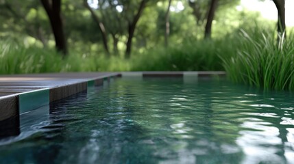 Fototapeta premium Tranquil pool edge in a lush forest setting. Wooden deck meets the water's edge