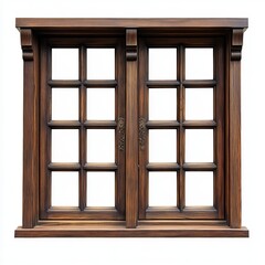 Obraz premium Wooden window with rich dark brown wood White background