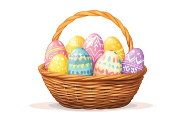 Colorful Easter basket filled with painted eggs, set against a clean white background. Flat style illustration featuring playful cartoon character design.