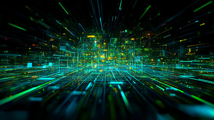 Abstract Futuristic Digital Cityscape With Glowing Lines