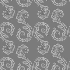 Seamless pattern with richly decorated baroque style elements. Engraved damask texture, vintage background. Vector illustration monochrome color. Repetitive wallpaper for fabric, packaging, invitation