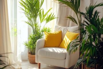 Cozy corner bathed in sunlight, featuring lush greenery and a comfortable armchair