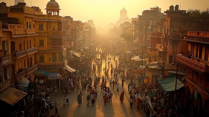 Bustling Indian City Marketplace at Sunset: Aerial View