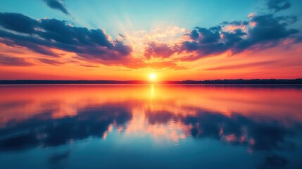 Obraz premium Serene sunset reflection on still lake