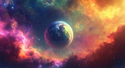 Obraz premium A Colorful Celestial Planet Surrounded By Cosmic Clouds In Space