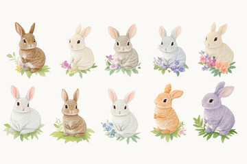 Fototapeta premium 10 Isolated cute spring, Easter, rabbits. Set in various poses, isolated on white