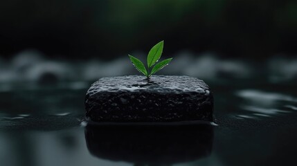 Tiny sprout on a dark stone, reflecting in still water
