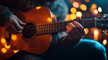 Obraz premium Musician plays acoustic guitar amidst warm holiday lights creating an intimate ambiance during a cozy evening gathering