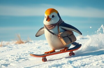 A penguin wearing a scarf and carrying a bag skateboards across a snowy landscape. The scene captures a whimsical, adventurous vibe with bright blue skies.