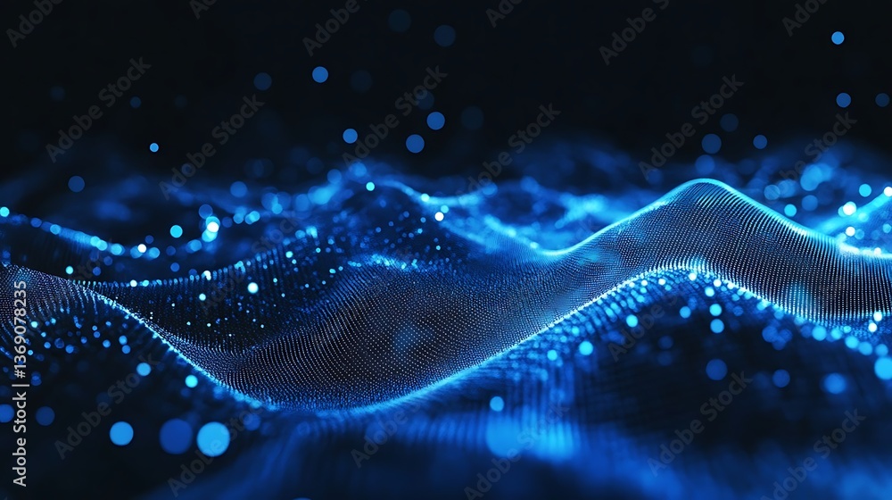 Poster abstract blue wave of dots and lines on a dark background, featuring bokeh lights, representing digi