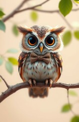 Naklejka premium A whimsical owl perched on a tree branch, featuring large, expressive eyes and a bow tie. The background is softly blurred with green leaves, creating a playful, charming atmosphere.