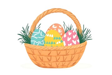 Colorful Easter basket filled with painted eggs, set against a clean white background. Flat style illustration featuring playful cartoon character design.