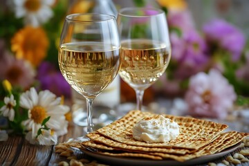 Matzah with cream cheese and two glasses of red wine on a table adorned with flowers, set for a Passover Seder celebration.