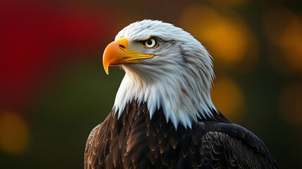 Obraz premium Bald eagle perched majestically with vibrant blurred background during golden hour
