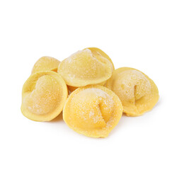 Yellow raw dumplings on white background