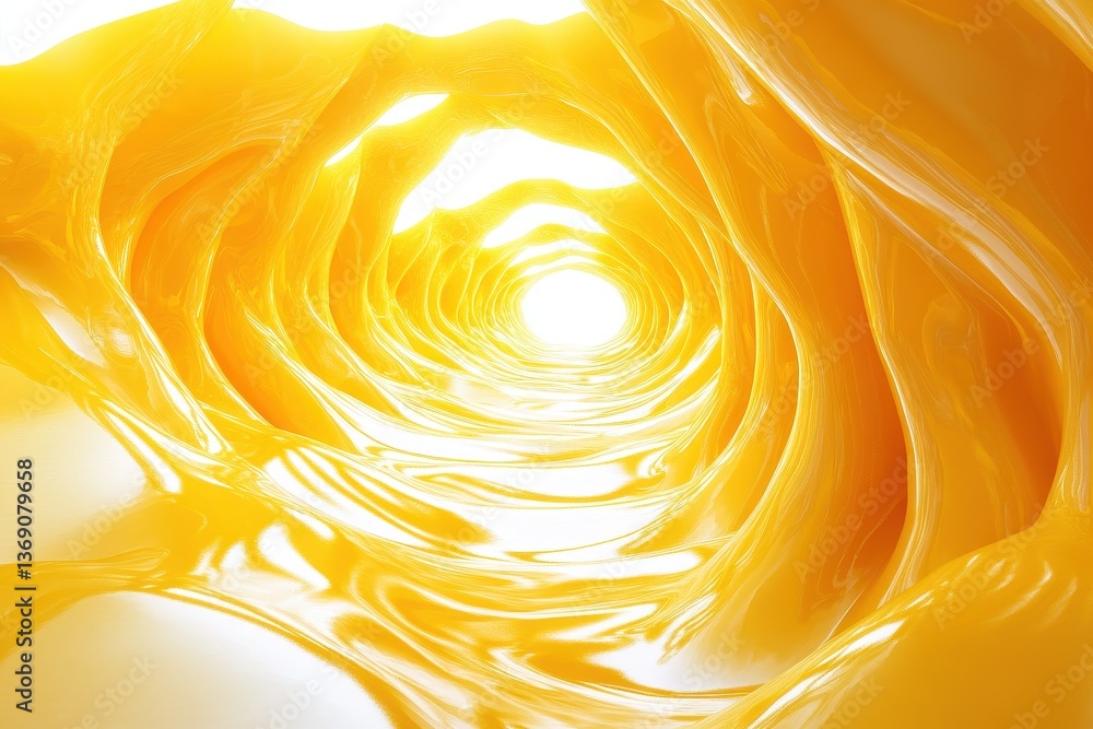 Poster Vibrant yellow fabric swirls create an abstract tunnel effect with soft light illuminating the flowing textures from above