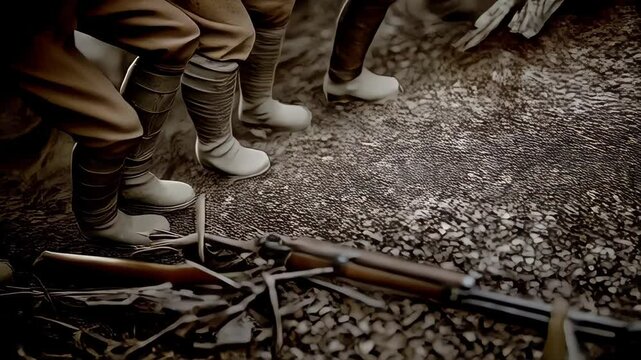 Soldiers advance through rugged terrain in a historical depiction of a World War setting