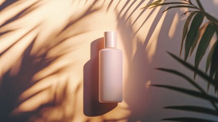 Elegant bottle casting shadows on a wall adorned with tropical foliage in a serene setting during golden hour