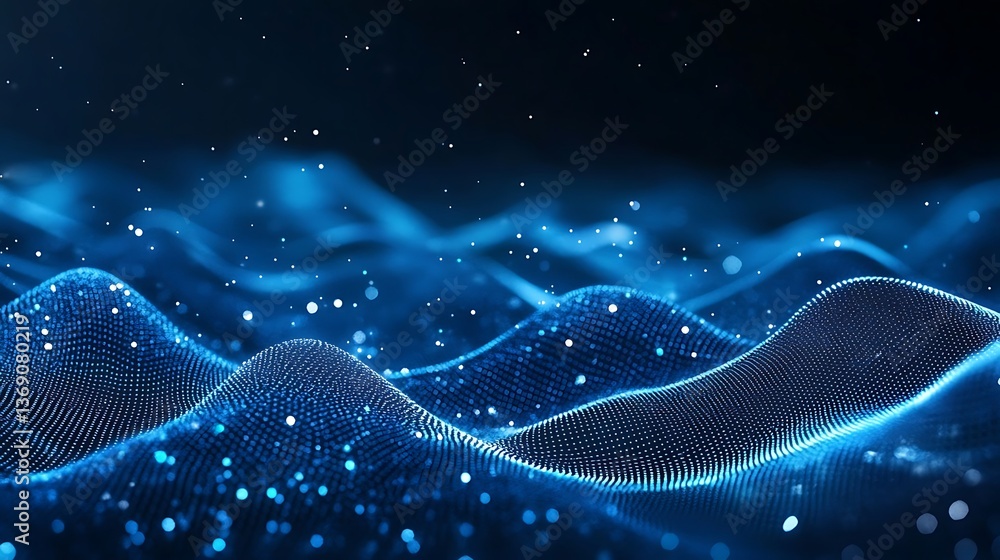Poster abstract blue wave of dots and lines on a dark background, featuring bokeh lights, representing digi