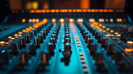 Fototapeta premium Mixing console setup in a dimly lit studio during a music production session at night