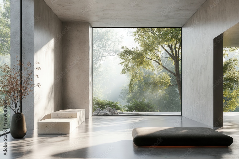 Poster modern minimalist interior with large windows offering nature views in a serene environment during d