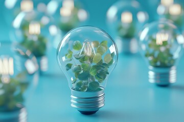 3d light bulb with green plant on blue background  eco friendly energy concept for protection