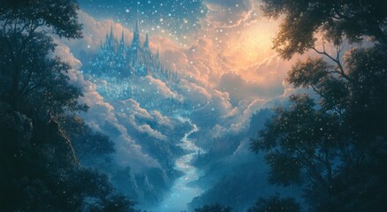 A Beautiful Fantasy Castle Resting Above A Mystical River