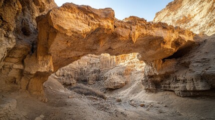 A unique rock formation in the shape of a natural bridge, spanning a desert canyon.