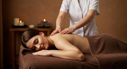 Obraz premium Woman receiving a back massage from a therapist in a spa setting with candles and soft lighting present