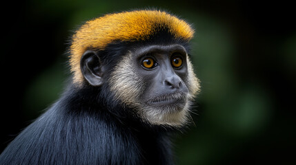 Fototapeta premium Close up of monkey with golden fur and curious expression.