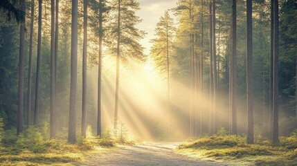 Obraz premium Sunlit Forest Path in Morning Light – Peaceful Nature Landscape with Trees and Mountains