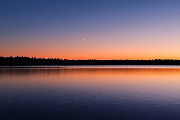 A tranquil lake at sunset, showcasing colorful skies and a crescent moon shining above.