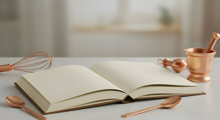 Fototapeta premium Open Book With Copper Utensils On Light Kitchen Table