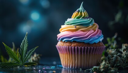 Colorful cupcake with vibrant frosting and decorative leaves in a dark setting, highlighting a creative dessert presentation ideal for celebrations and parties