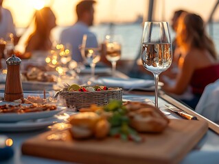 Luxury yacht dinner party at sunset with friends enjoying food and drinks. Close-up of elegant table setting, ocean view, and relaxed atmosphere.