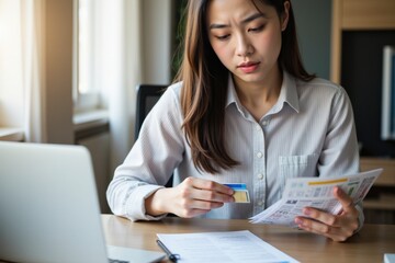 A Young Asian Woman in a Button-up Shirt Sitting at a Desk with a Laptop, Examining Credit Card Statements and Payment Bills in a Bright Room During Daylight