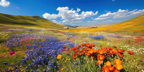 Fototapeta premium A vibrant landscape filled with colorful wildflowers under a blue sky.